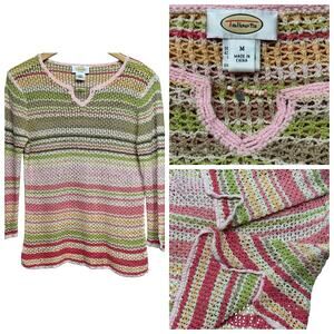 Talbots Open Stitch Crochet Silk Sweater Colorful Striped Pullover Size Medium